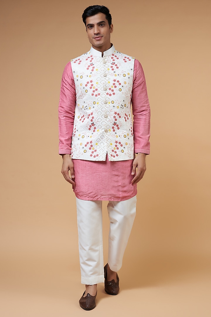 White Satin Silk Thread Embroidered Bundi Jacket Set by Nero by Shaifali & Satya