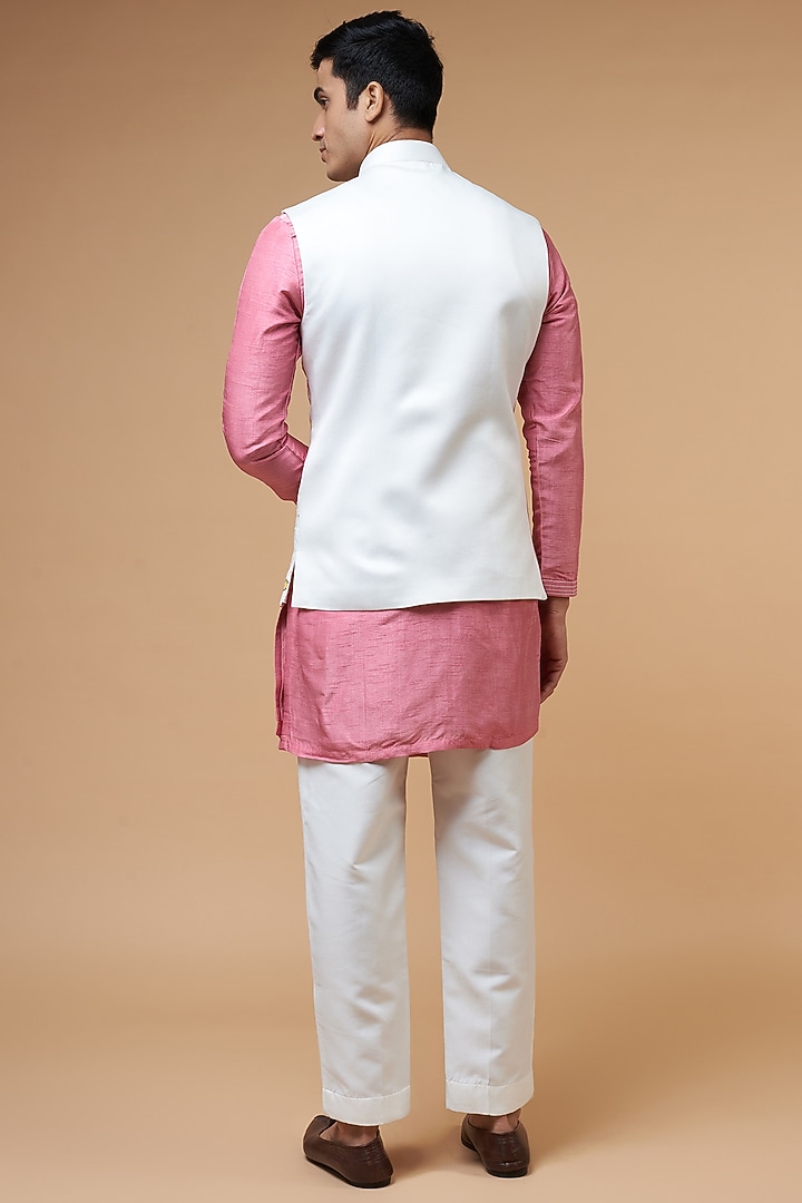 White Satin Silk Thread Embroidered Bundi Jacket Set by Nero by Shaifali & Satya at Pernia's Pop Up Shop