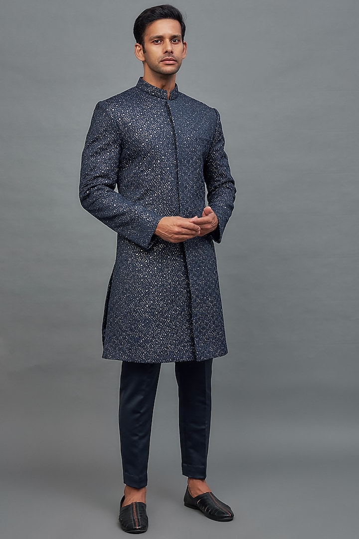 Blue Satin Textured Sherwani Set by Nero by Shaifali & Satya