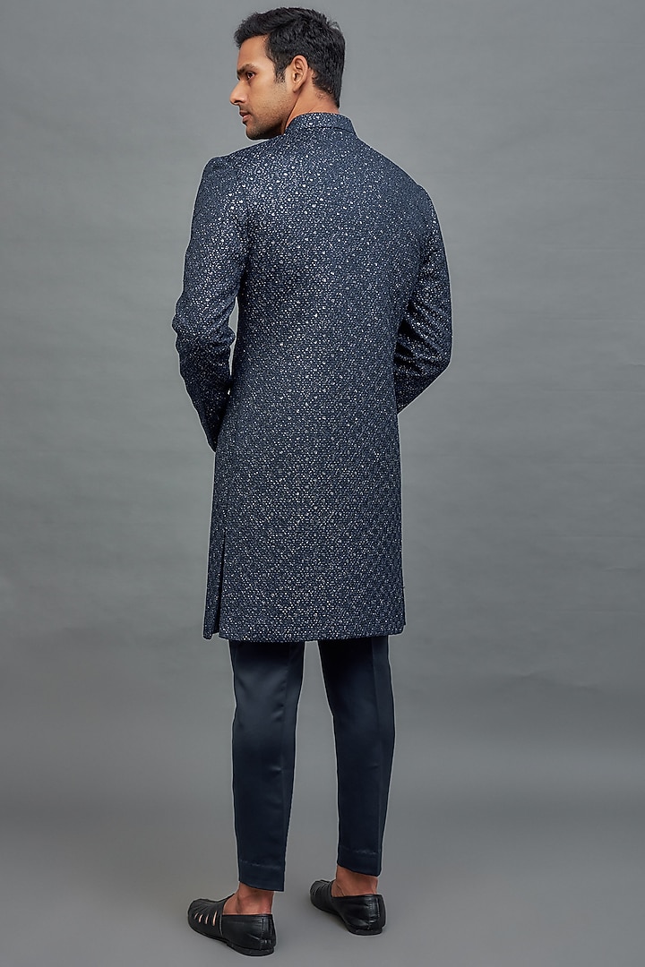Blue Satin Textured Wedding Sherwani Set by Nero by Shaifali & Satya at Pernia's Pop Up Shop