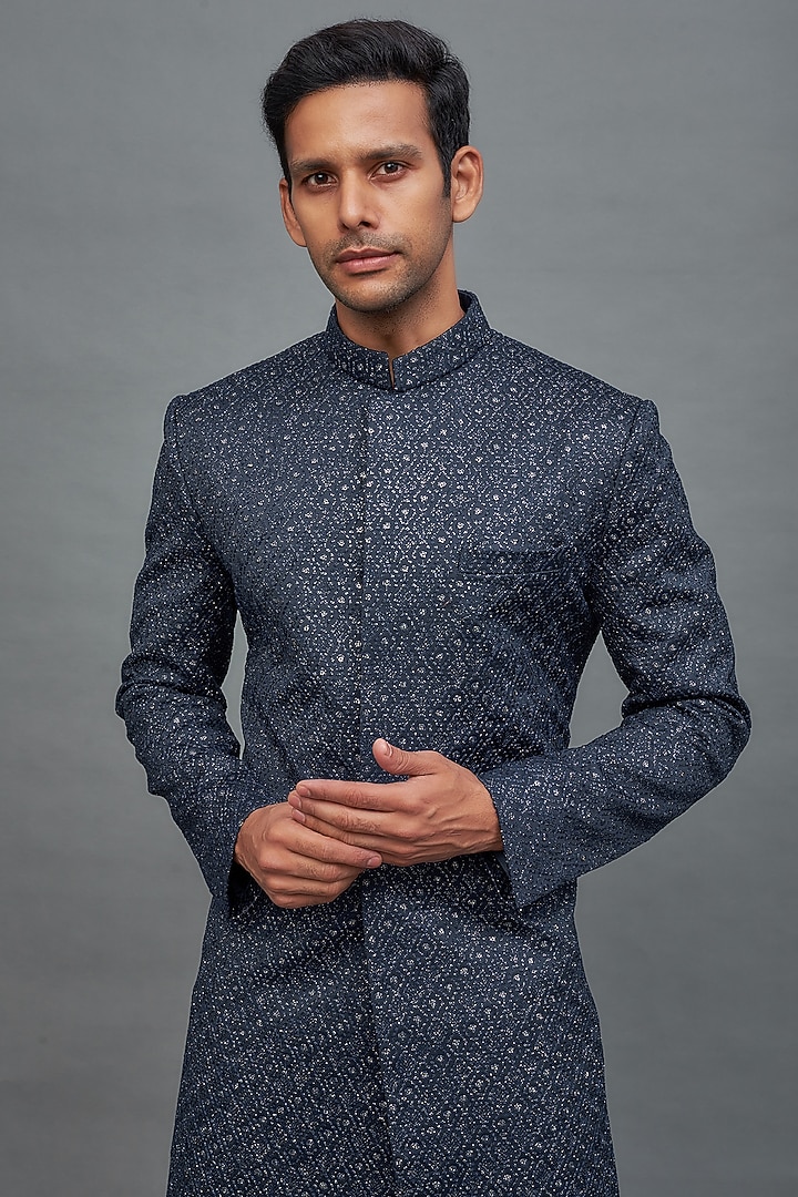 Blue Satin Textured Wedding Sherwani Set by Nero by Shaifali & Satya at Pernia's Pop Up Shop