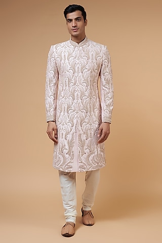 Pink Pure Silk Embroidered Sherwani Set by Nero by Shaifali & Satya