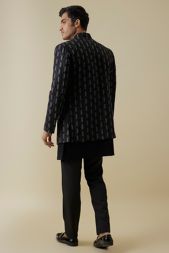 Black Silk Threadwork Open-Wedding Indowestern Jacket Set by Nero By Shaifali & Satya at Pernia's Pop Up Shop