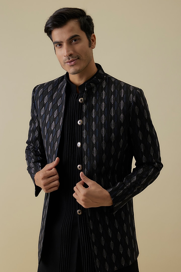 Black Silk Threadwork Open-Wedding Indowestern Jacket Set by Nero By Shaifali & Satya at Pernia's Pop Up Shop