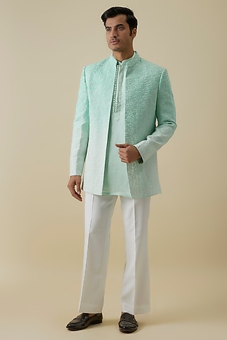 Green Lucknowi Threadwork Indowestern Open-Jacket Set by Nero By Shaifali & Satya