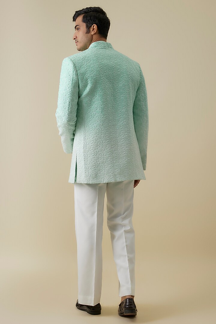Green Lucknowi Threadwork Wedding Indowestern Open-Jacket Set by Nero By Shaifali & Satya at Pernia's Pop Up Shop