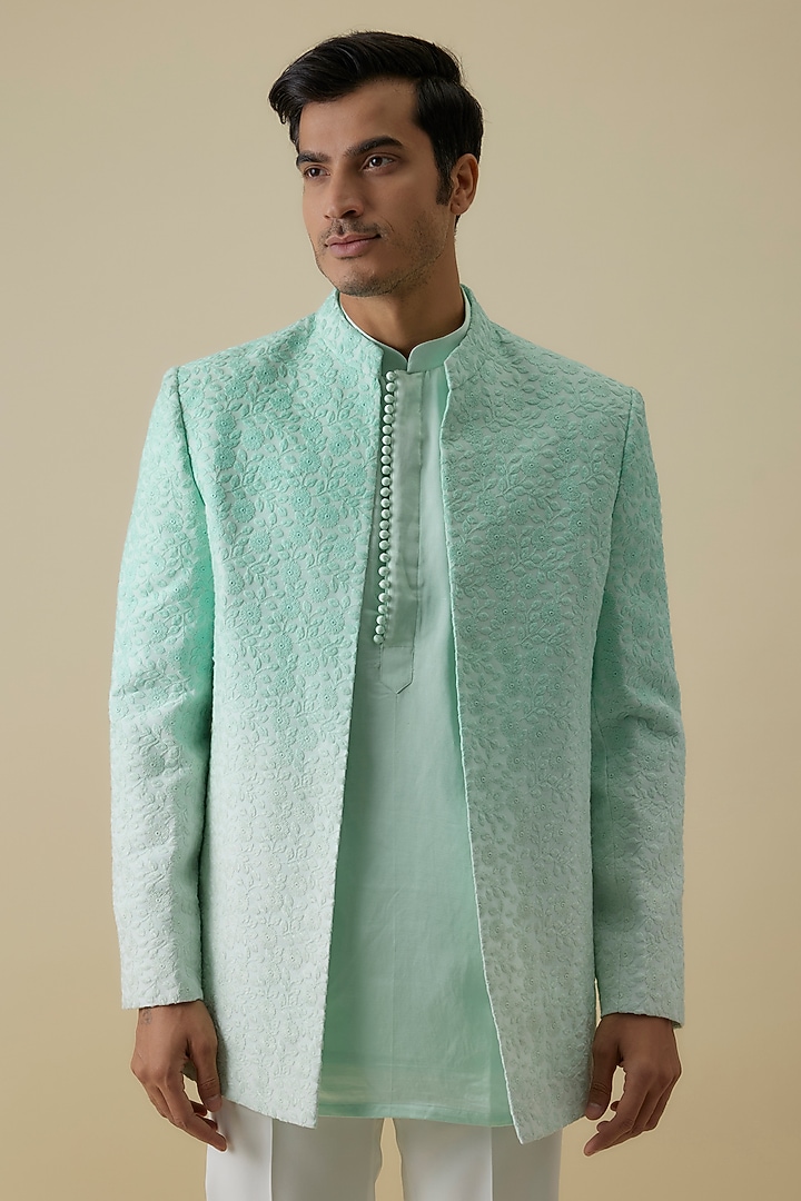 Green Lucknowi Threadwork Wedding Indowestern Open-Jacket Set by Nero By Shaifali & Satya at Pernia's Pop Up Shop