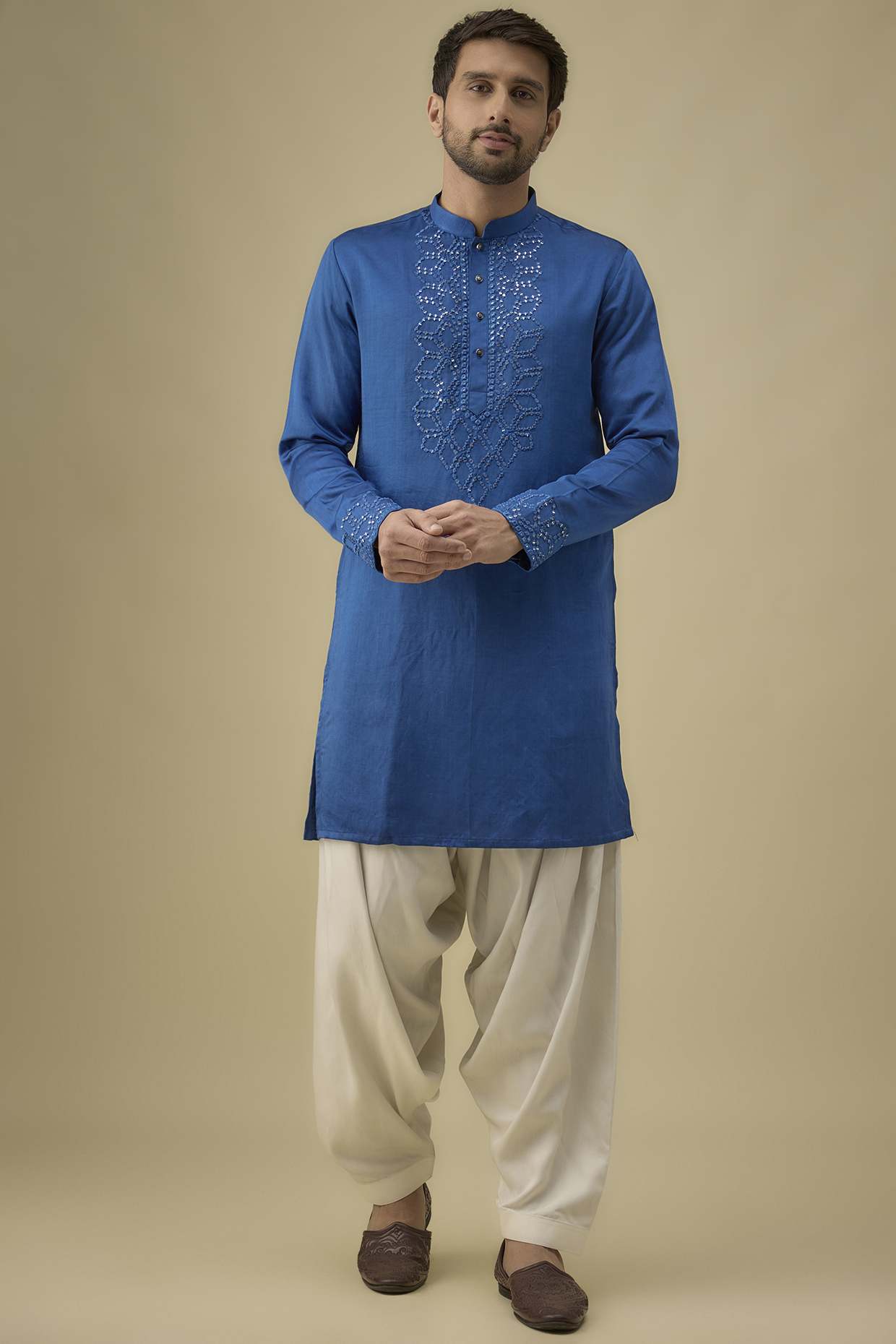 Blue Silk Mirror Work Kurta Set by Nero by Shaifali & Satya