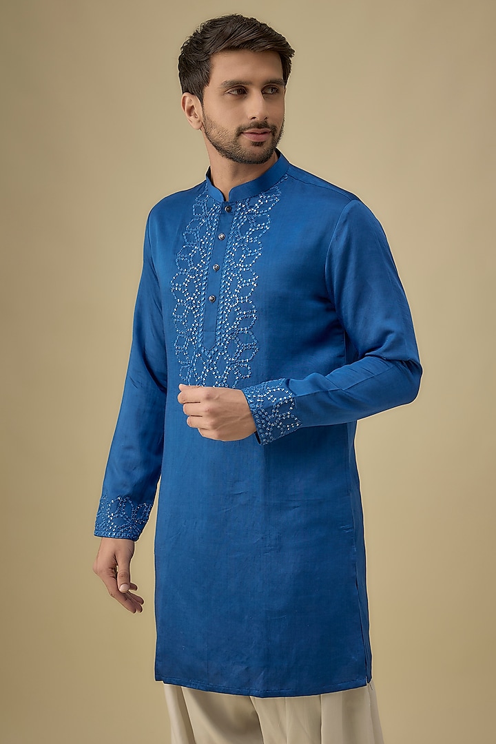 Blue Silk Mirror Work Kurta Set by Nero by Shaifali & Satya at Pernia's Pop Up Shop