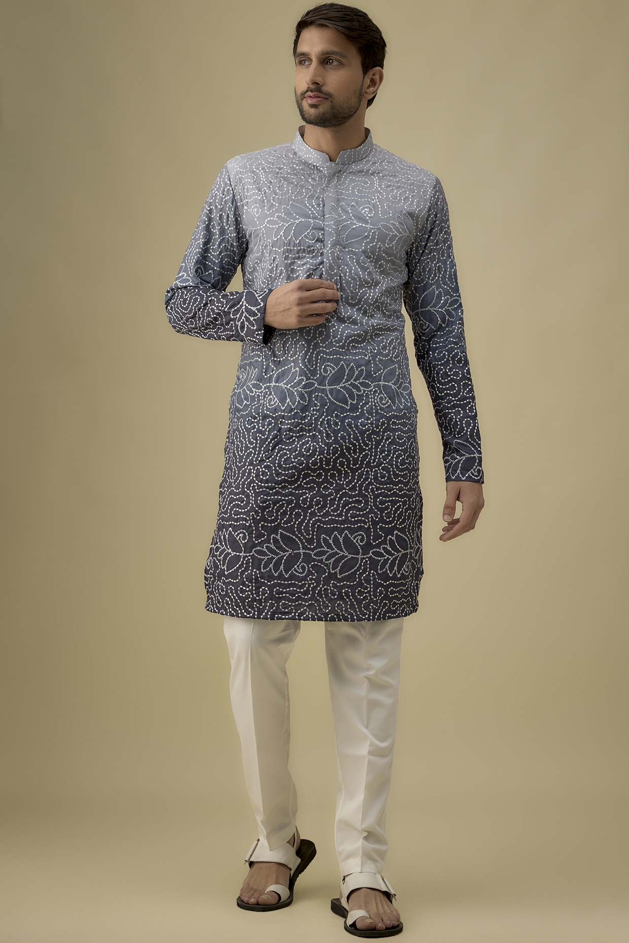 Grey Silk Thread Work Kurta Set by Nero by Shaifali & Satya
