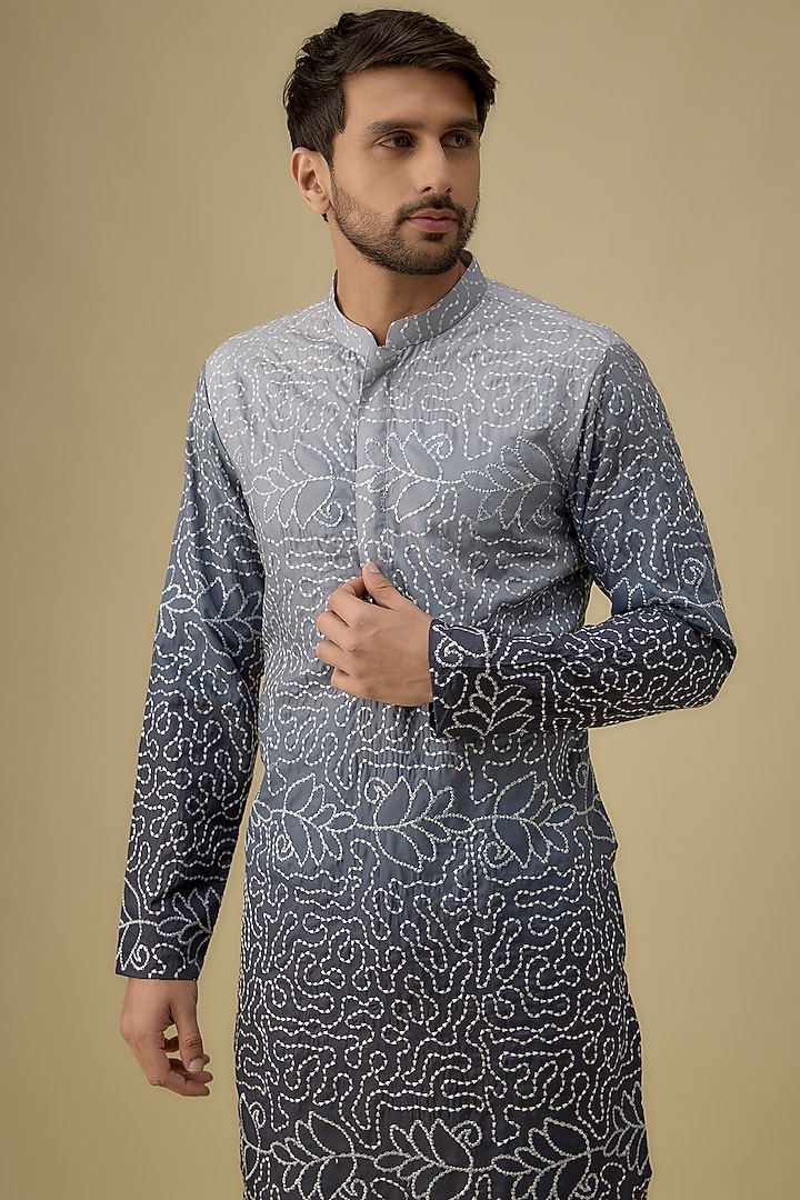 Grey Silk Thread Work Kurta Set by Nero by Shaifali & Satya at Pernia's Pop Up Shop