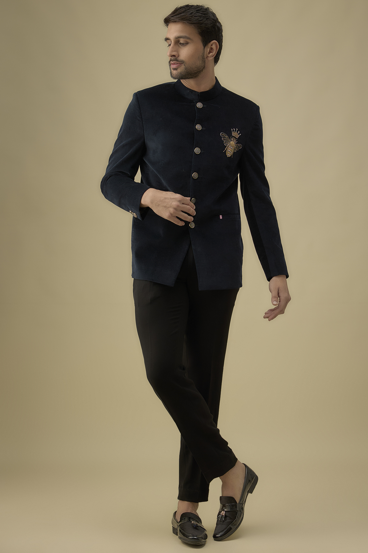 Blue Suede Cutdana Work Jodhpuri Jacket Set by Nero by Shaifali & Satya