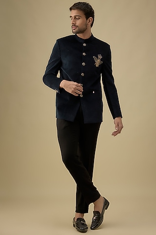 Blue Suede Cutdana Work Jodhpuri Jacket Set by Nero by Shaifali & Satya