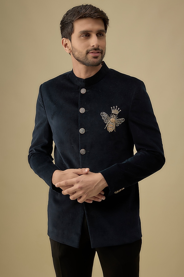 Blue Suede Cutdana Work Jodhpuri Jacket Set by Nero by Shaifali & Satya at Pernia's Pop Up Shop