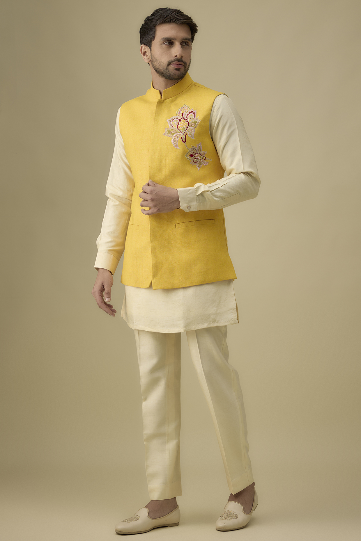 Yellow Matka Silk Hand Motif Work Bundi Jacket Set by Nero by Shaifali & Satya