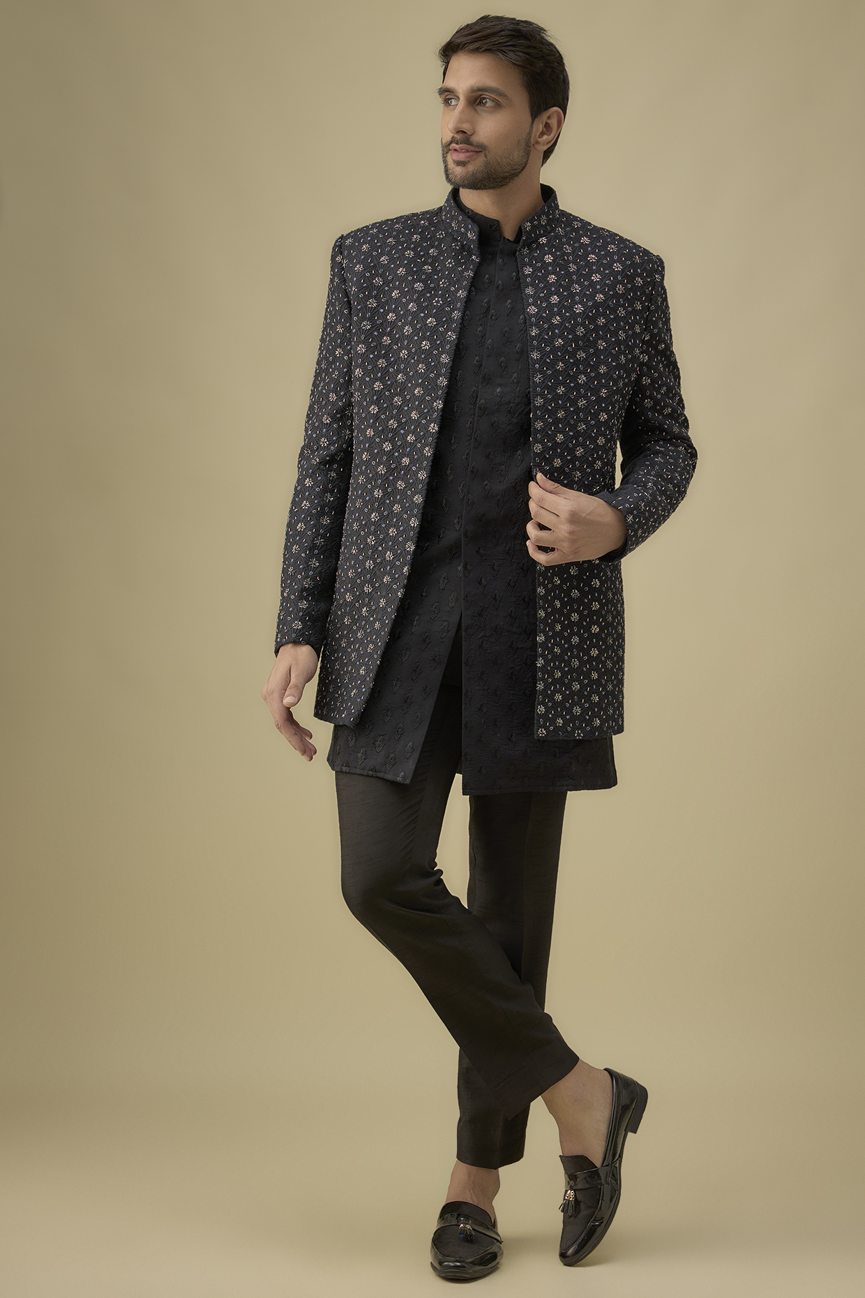 Black Lucknowi Cutdana Handwork Indowestern Set by Nero by Shaifali & Satya