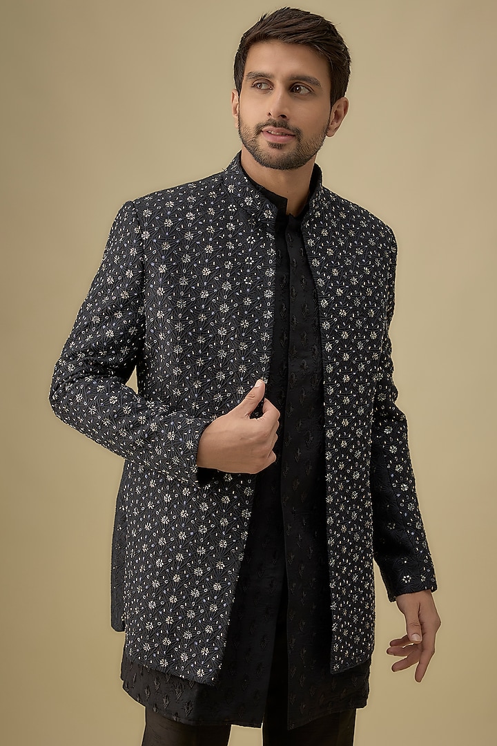Black Lucknowi Cutdana Handwork Wedding Indowestern Set by Nero by Shaifali & Satya at Pernia's Pop Up Shop