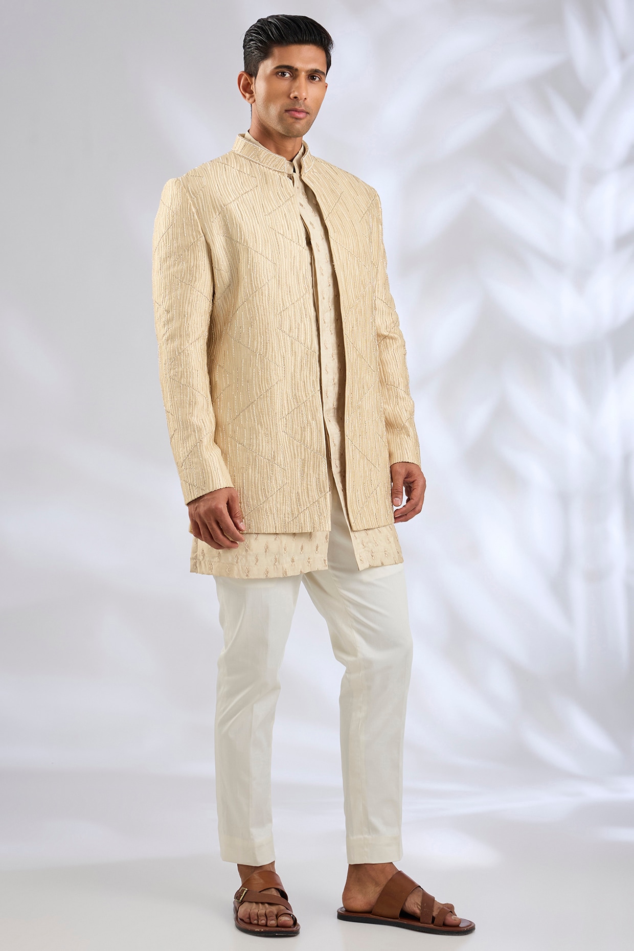 Nero By Shaifali & Satya Beige Raw Silk Lucknowi Indowestern Set