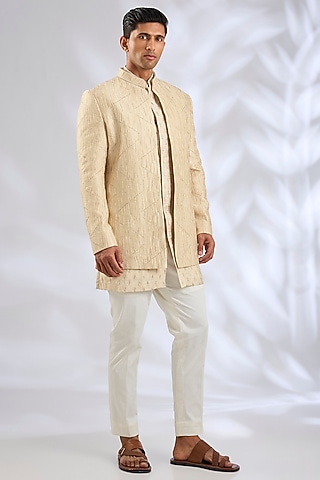 Beige Raw Silk Lucknowi Indowestern Set by Nero By Shaifali & Satya