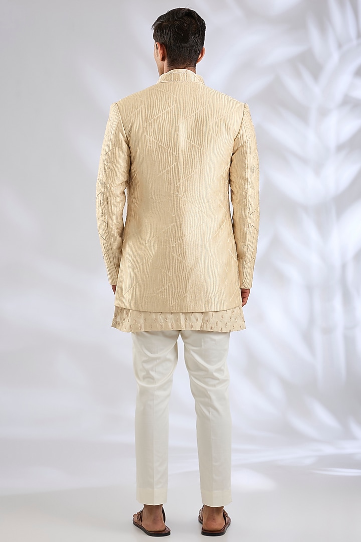 Beige Raw Silk Lucknowi Wedding Indowestern Set by Nero By Shaifali & Satya at Pernia's Pop Up Shop