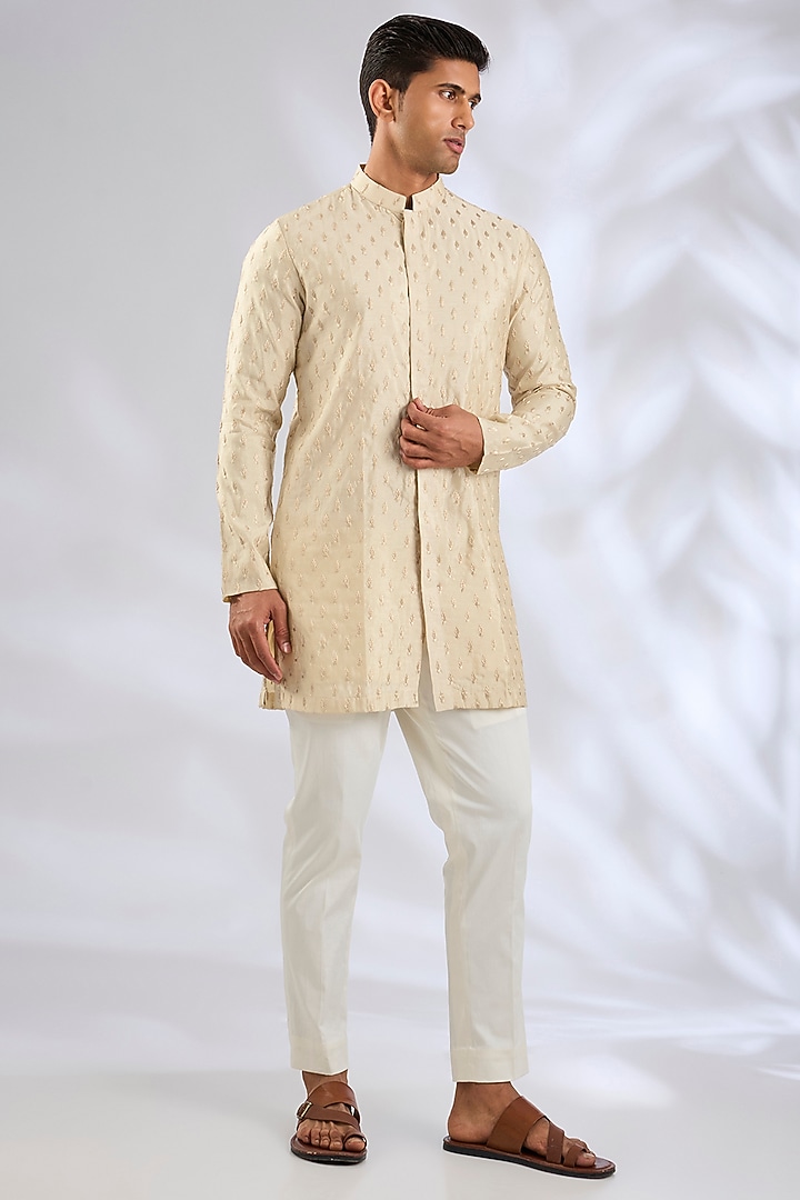 Beige Raw Silk Lucknowi Wedding Indowestern Set by Nero By Shaifali & Satya at Pernia's Pop Up Shop