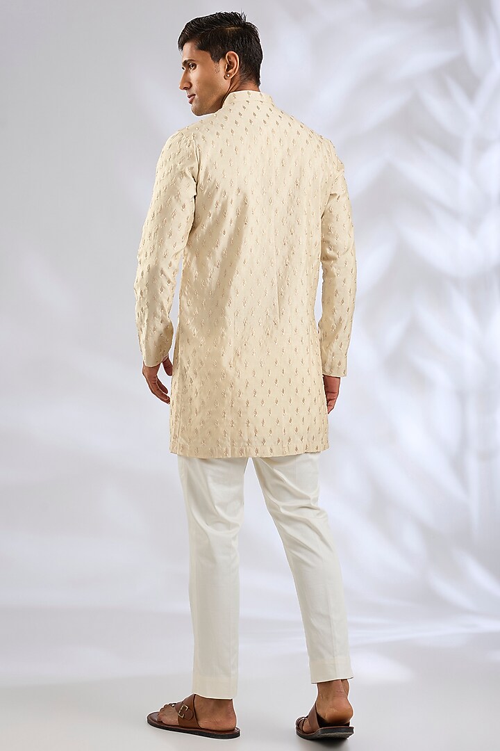 Beige Raw Silk Lucknowi Wedding Indowestern Set by Nero By Shaifali & Satya at Pernia's Pop Up Shop