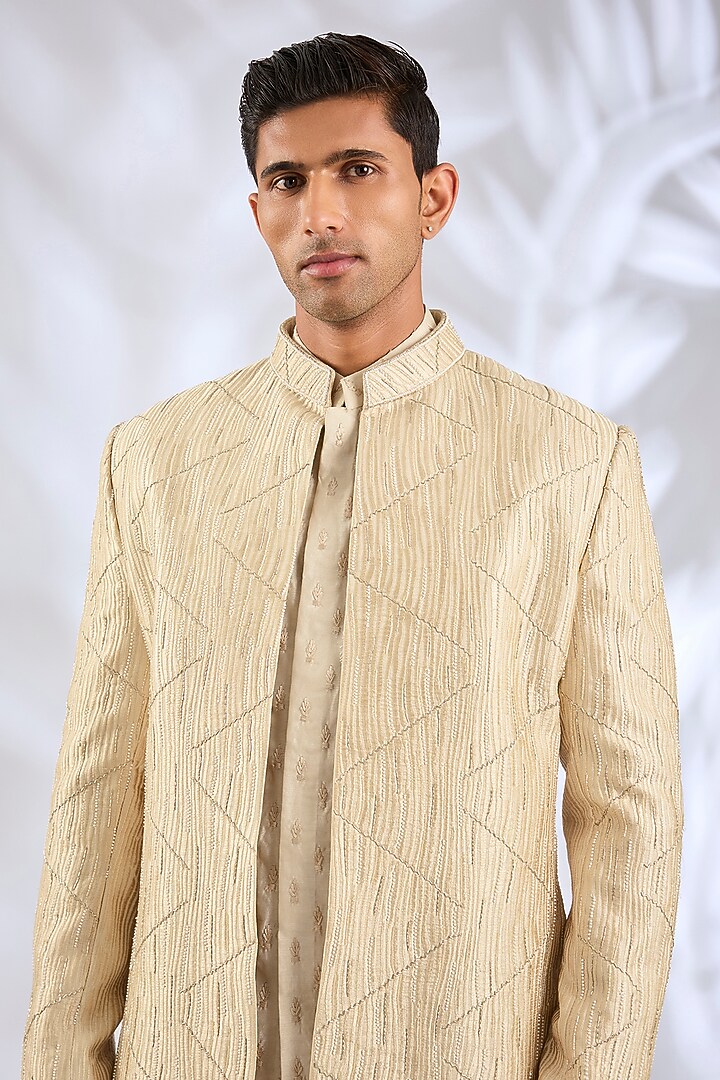 Beige Raw Silk Lucknowi Wedding Indowestern Set by Nero By Shaifali & Satya at Pernia's Pop Up Shop