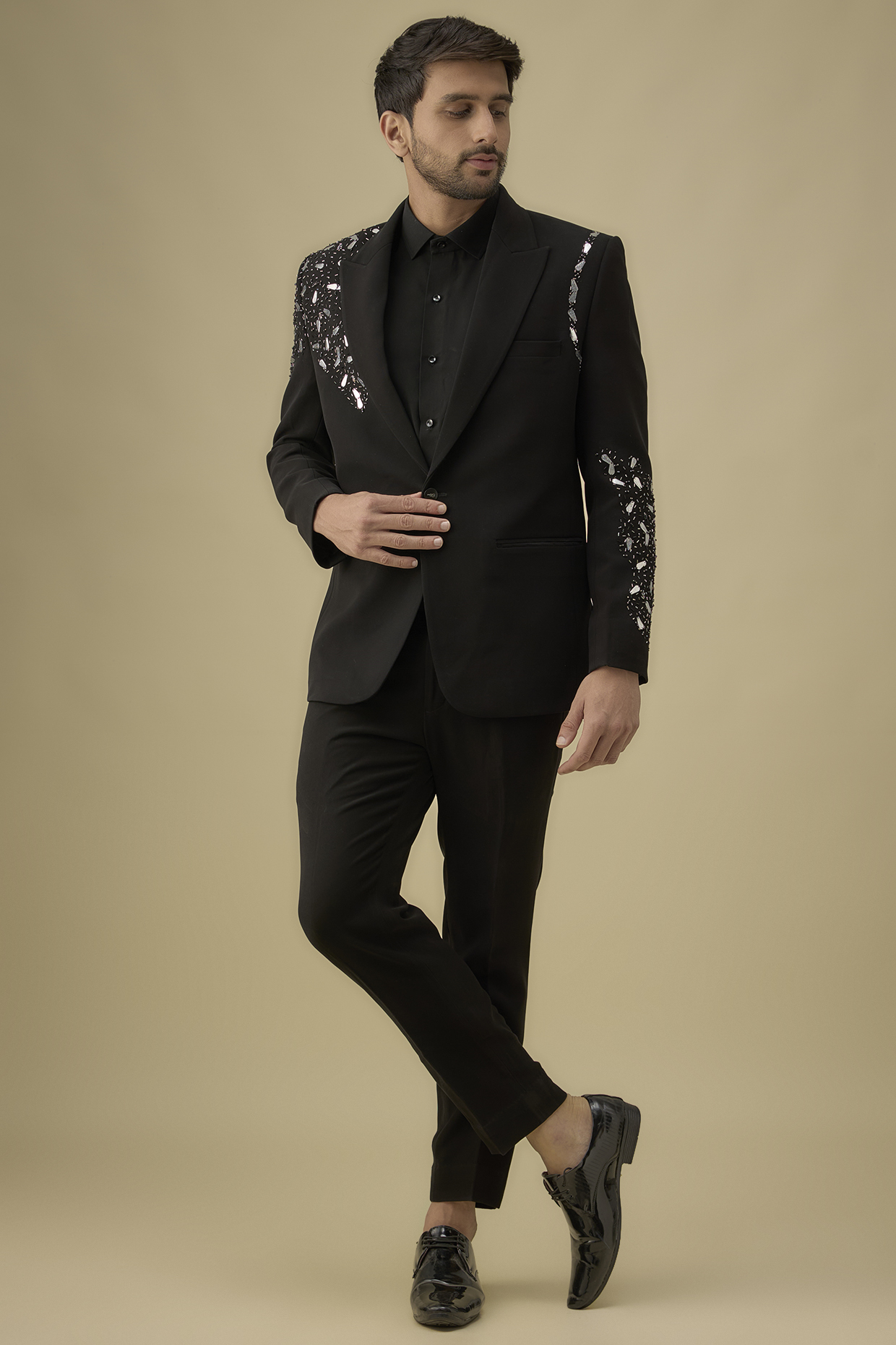 Black Boomario Applique Handwork Blazer Set by Nero by Shaifali & Satya