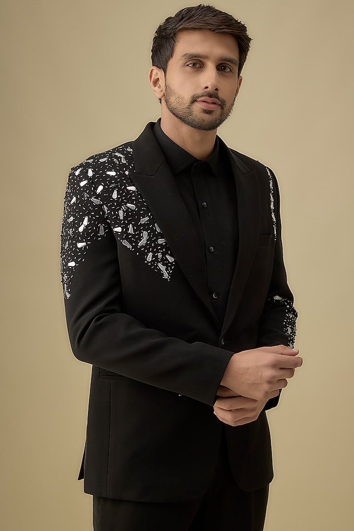 Black Boomario Applique Handwork Blazer Set by Nero by Shaifali & Satya at Pernia's Pop Up Shop