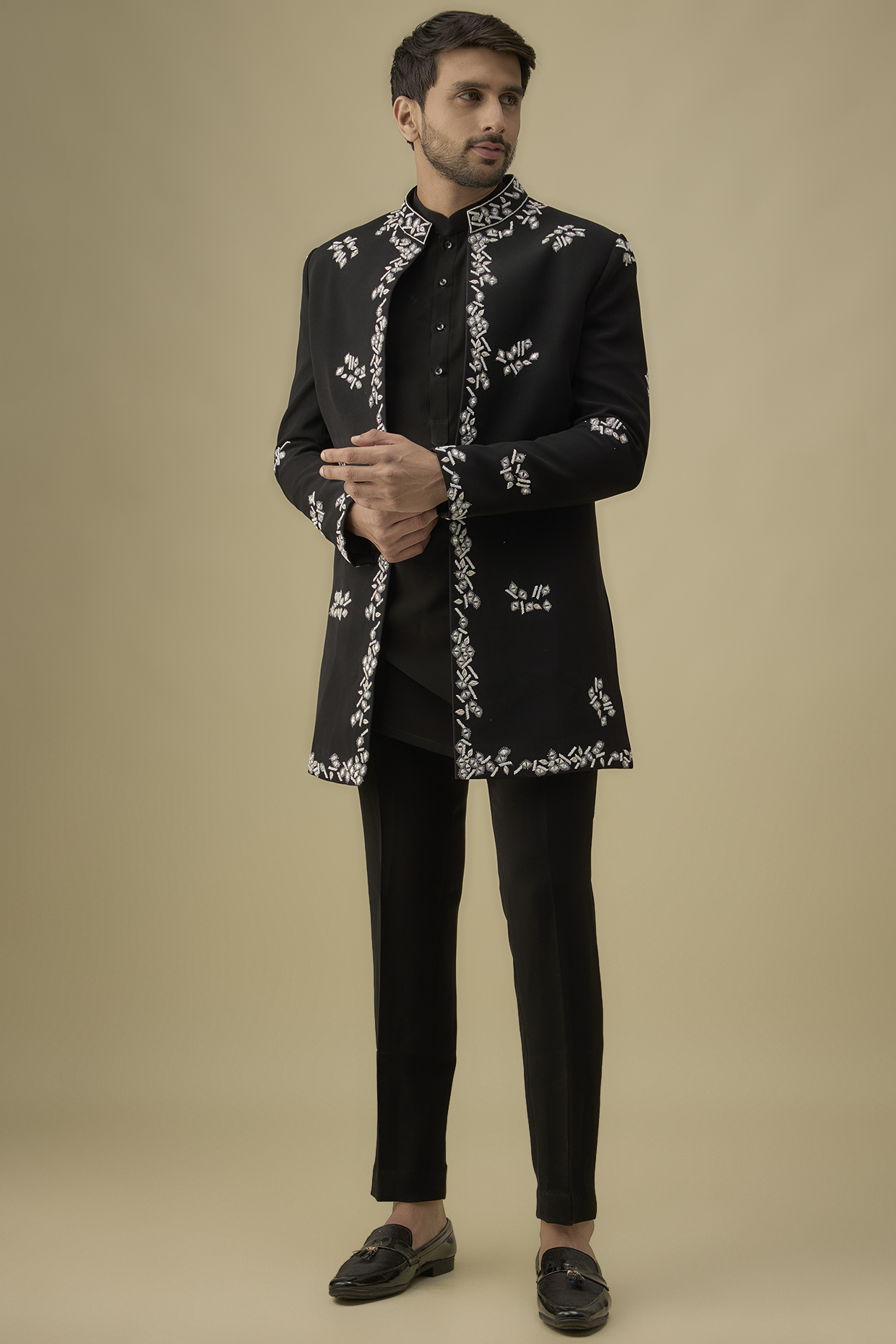 Black Boomario Mirror Work Indowestern Set by Nero by Shaifali & Satya