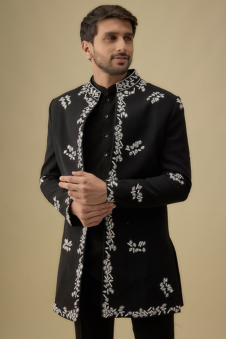 Black Boomario Mirror Work Wedding Indowestern Set by Nero by Shaifali & Satya at Pernia's Pop Up Shop