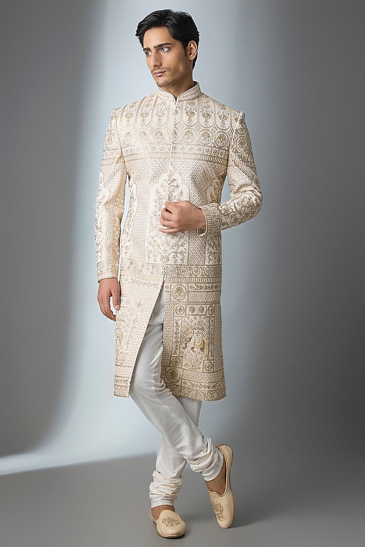Ivory Silk Embroidered Groom Sherwani Set by Nero By Shaifali & Satya at Pernia's Pop Up Shop