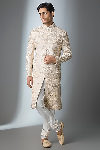 Ivory Silk Embroidered Sherwani Set by Nero by Shaifali & Satya