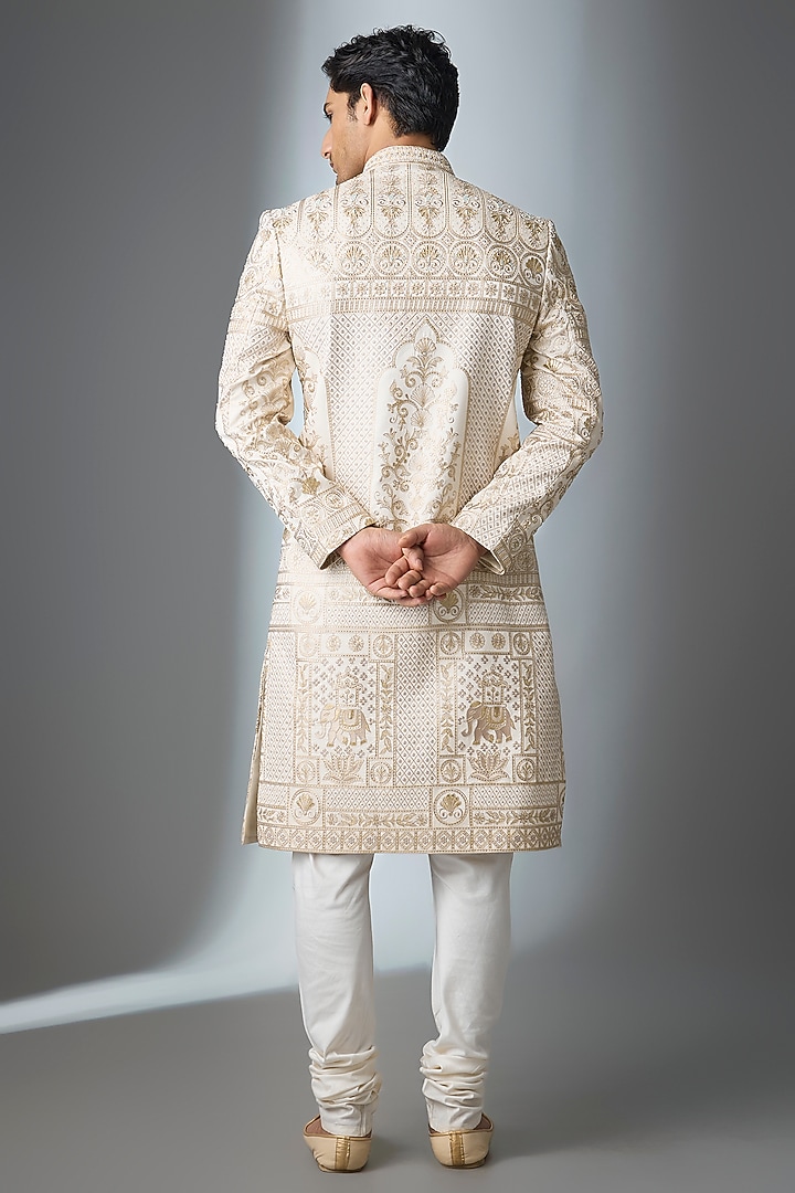 Ivory Silk Embroidered Groom Sherwani Set by Nero by Shaifali & Satya at Pernia's Pop Up Shop