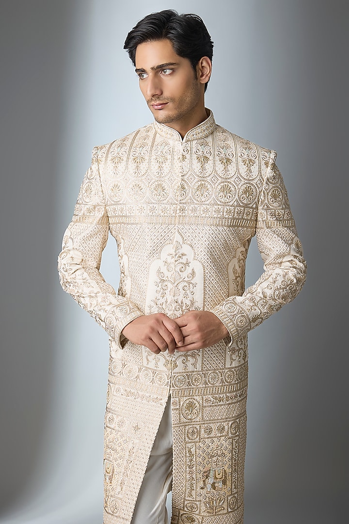 Ivory Silk Embroidered Groom Sherwani Set by Nero by Shaifali & Satya at Pernia's Pop Up Shop