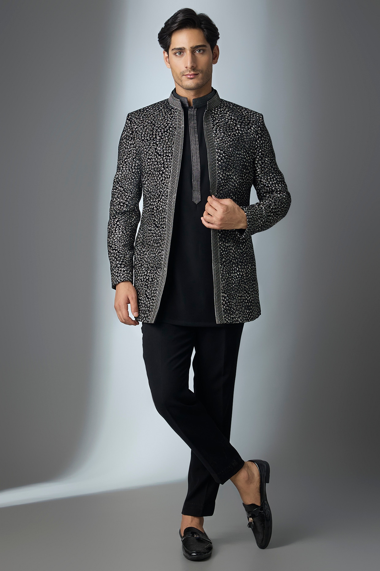 Nero by Shaifali & Satya Black Velvet Thread Embroidered Open Jacket Set