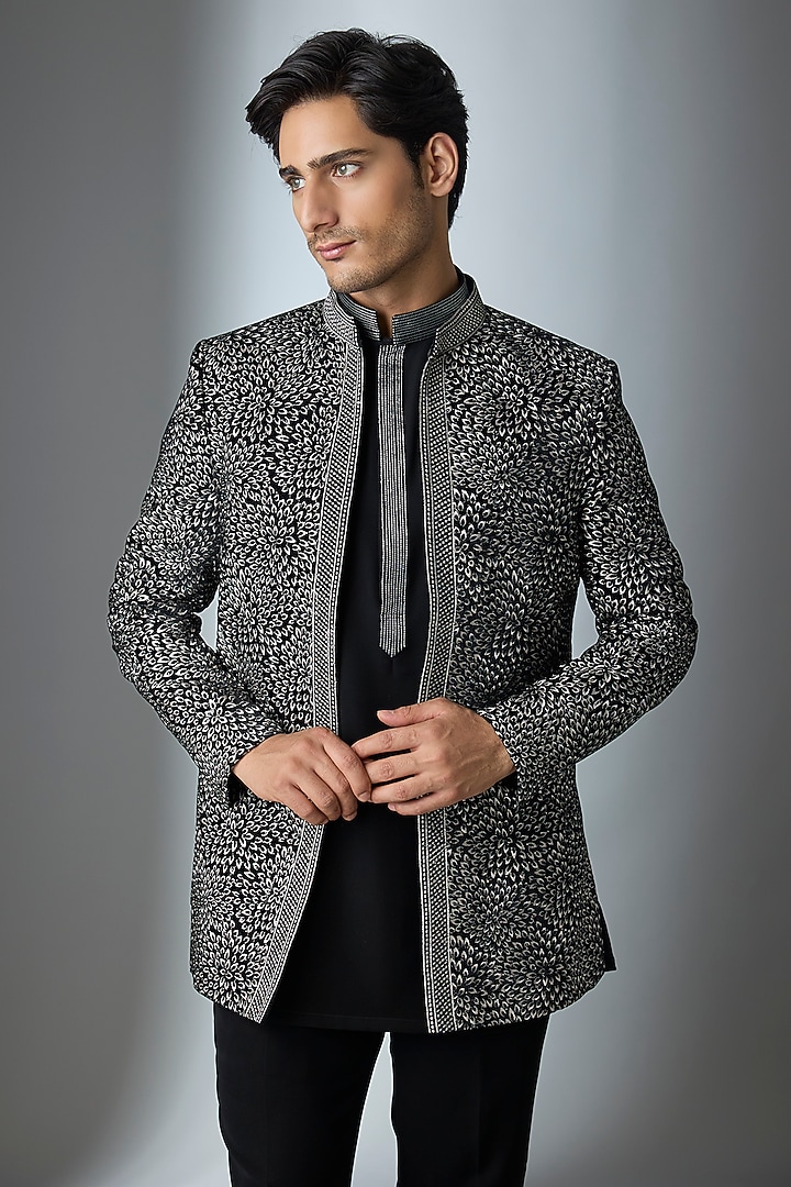 Black Velvet Thread Embroidered Open Jacket Set by Nero by Shaifali & Satya at Pernia's Pop Up Shop
