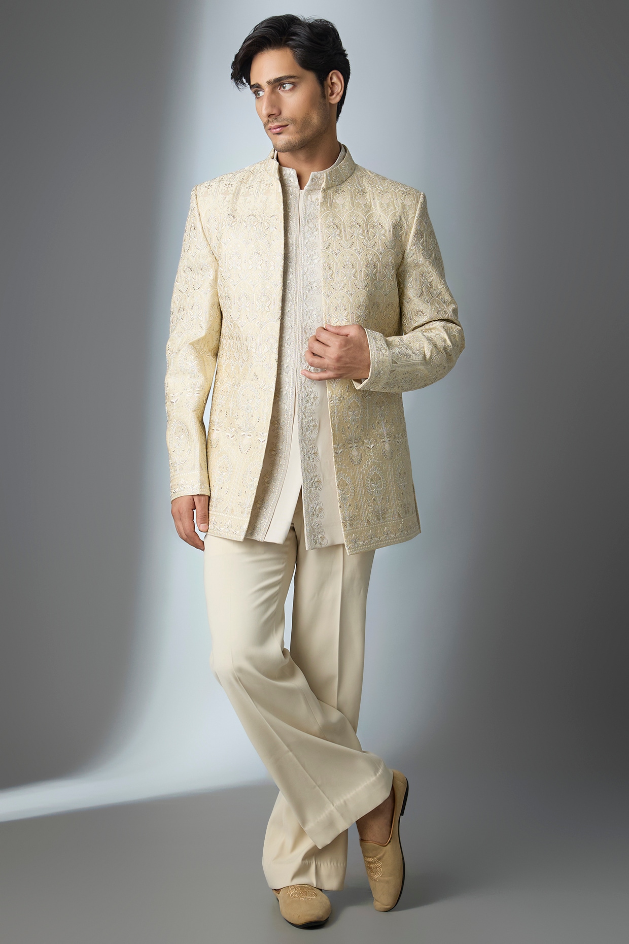 Nero by Shaifali & Satya Beige Silk Thread Embroidered Open Jacket Set
