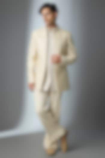 Beige Silk Thread Embroidered Open Jacket Set by Nero by Shaifali & Satya at Pernia's Pop Up Shop