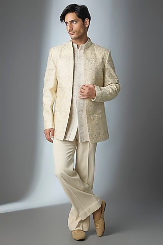Beige Silk Thread Embroidered Open Jacket Set by Nero by Shaifali & Satya