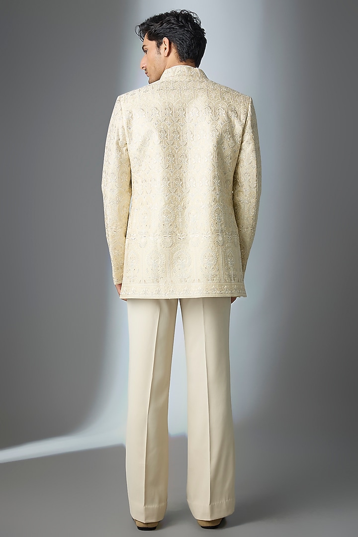 Beige Silk Thread Embroidered Open Jacket Set by Nero by Shaifali & Satya at Pernia's Pop Up Shop