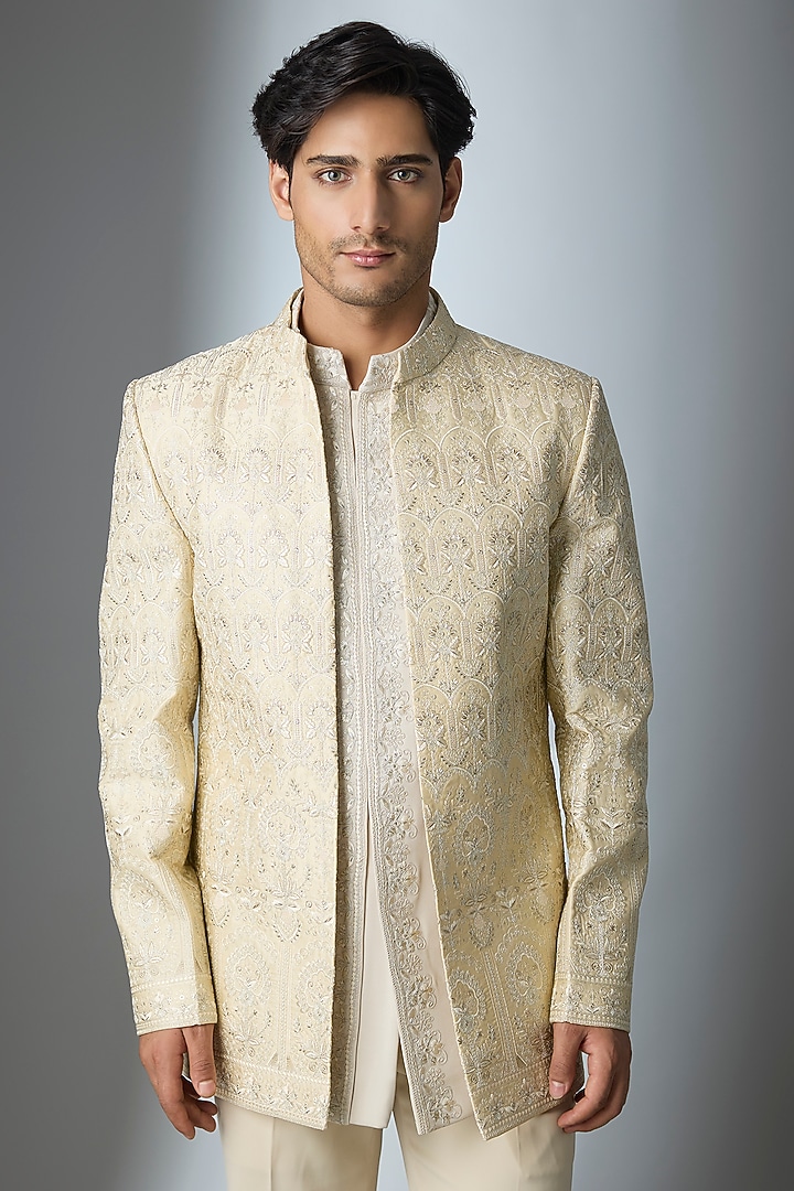 Beige Silk Thread Embroidered Open Jacket Set by Nero by Shaifali & Satya at Pernia's Pop Up Shop