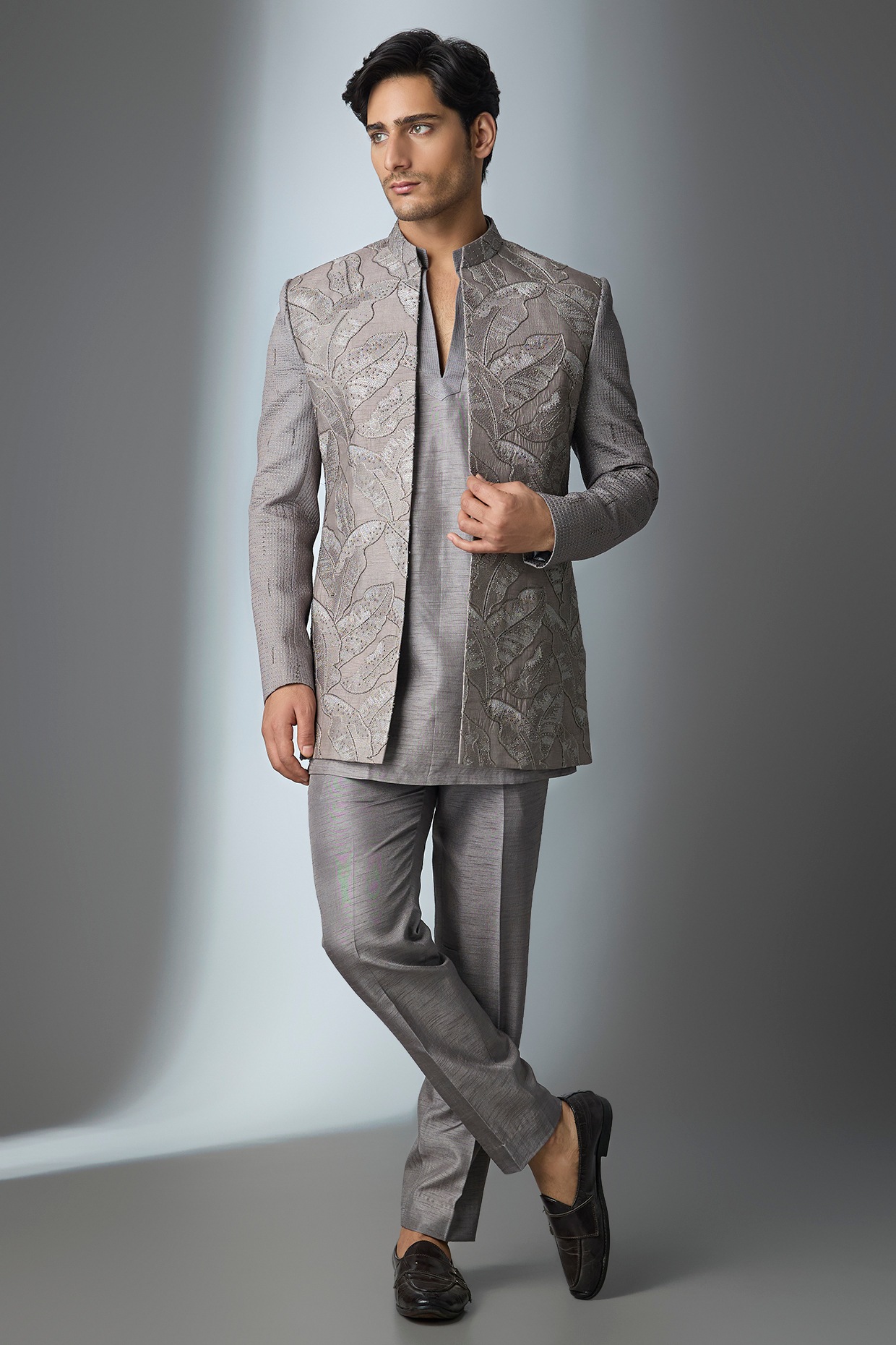 Nero by Shaifali & Satya Grey Silk Handwork Open Jacket Set