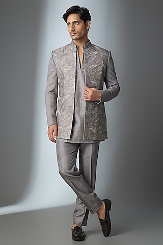 Grey Silk Handwork Open Jacket Set by Nero by Shaifali & Satya