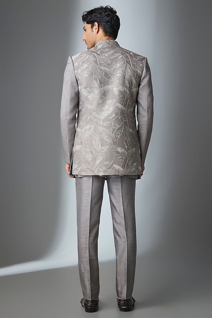 Grey Silk Handwork Open Jacket Set by Nero by Shaifali & Satya at Pernia's Pop Up Shop