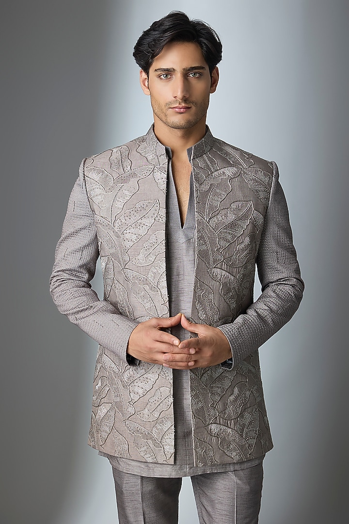 Grey Silk Handwork Open Jacket Set by Nero by Shaifali & Satya at Pernia's Pop Up Shop