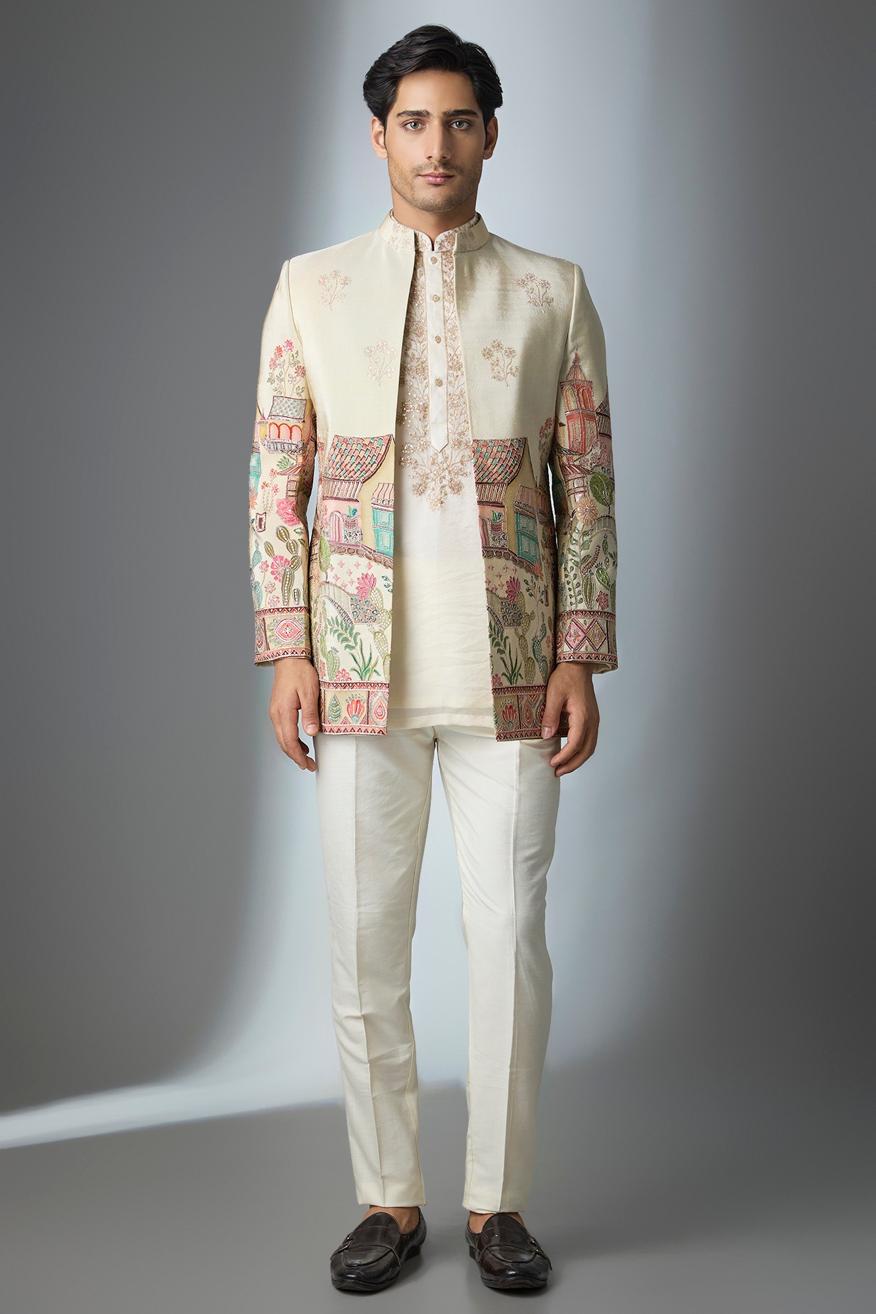 Nero by Shaifali & Satya Ivory Tissue Threadwork Open Jacket Set