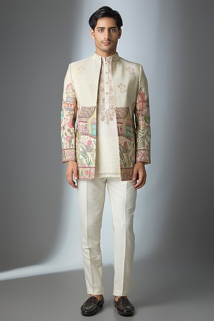 Ivory Tissue Threadwork Open Jacket Set by Nero by Shaifali & Satya at Pernia's Pop Up Shop