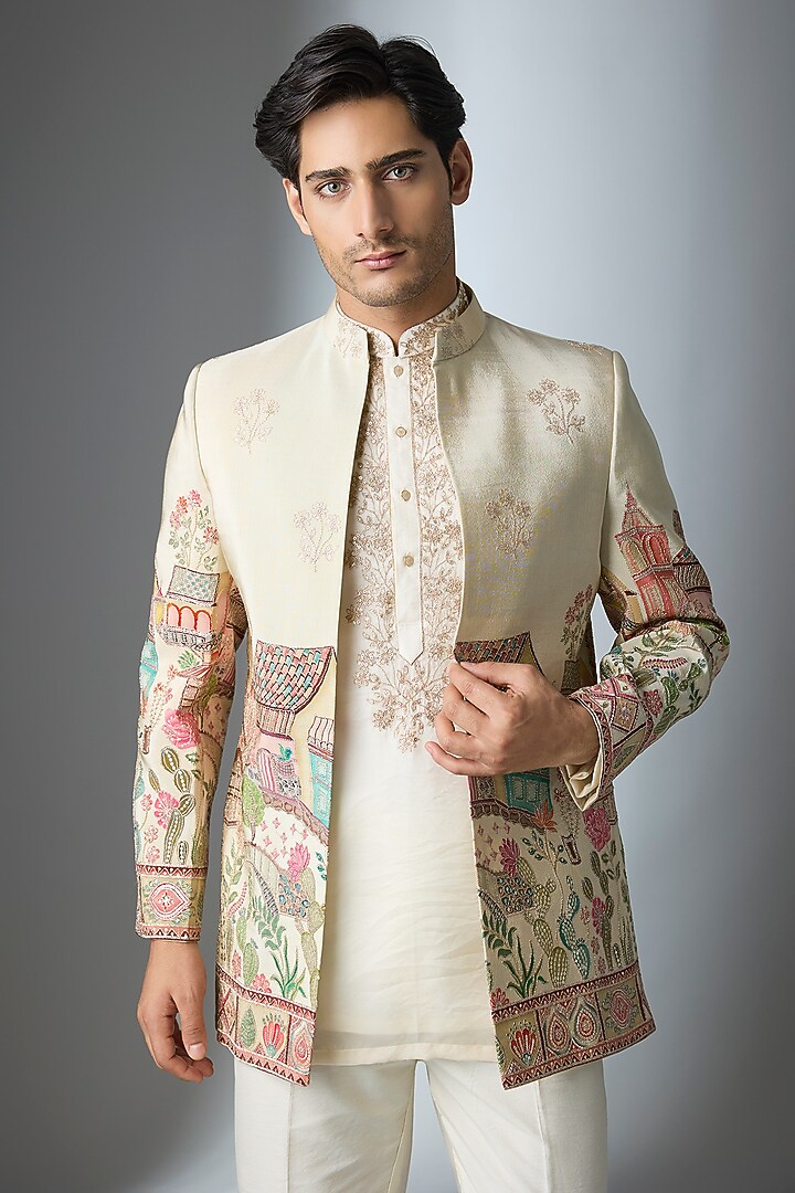 Ivory Tissue Threadwork Open Jacket Set by Nero by Shaifali & Satya at Pernia's Pop Up Shop
