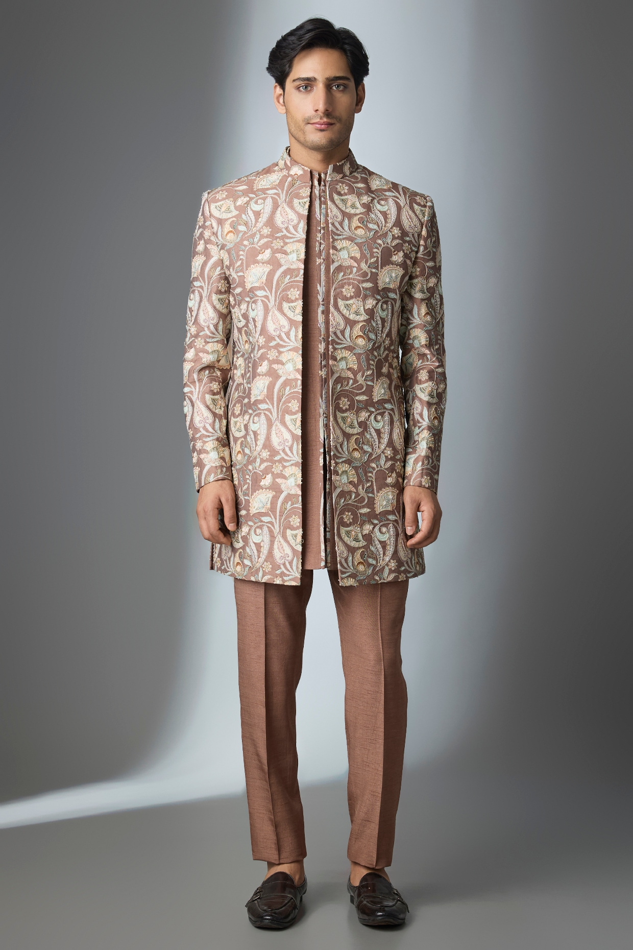Nero by Shaifali & Satya Pink Silk Handwork Open Jacket Set